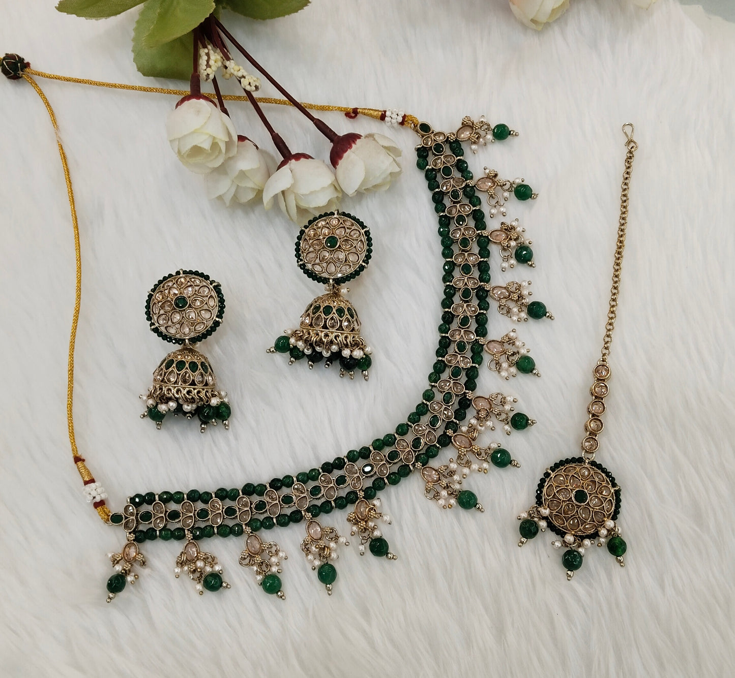 Green Antique Gold Necklace Indian Jewellery Gurjot Set