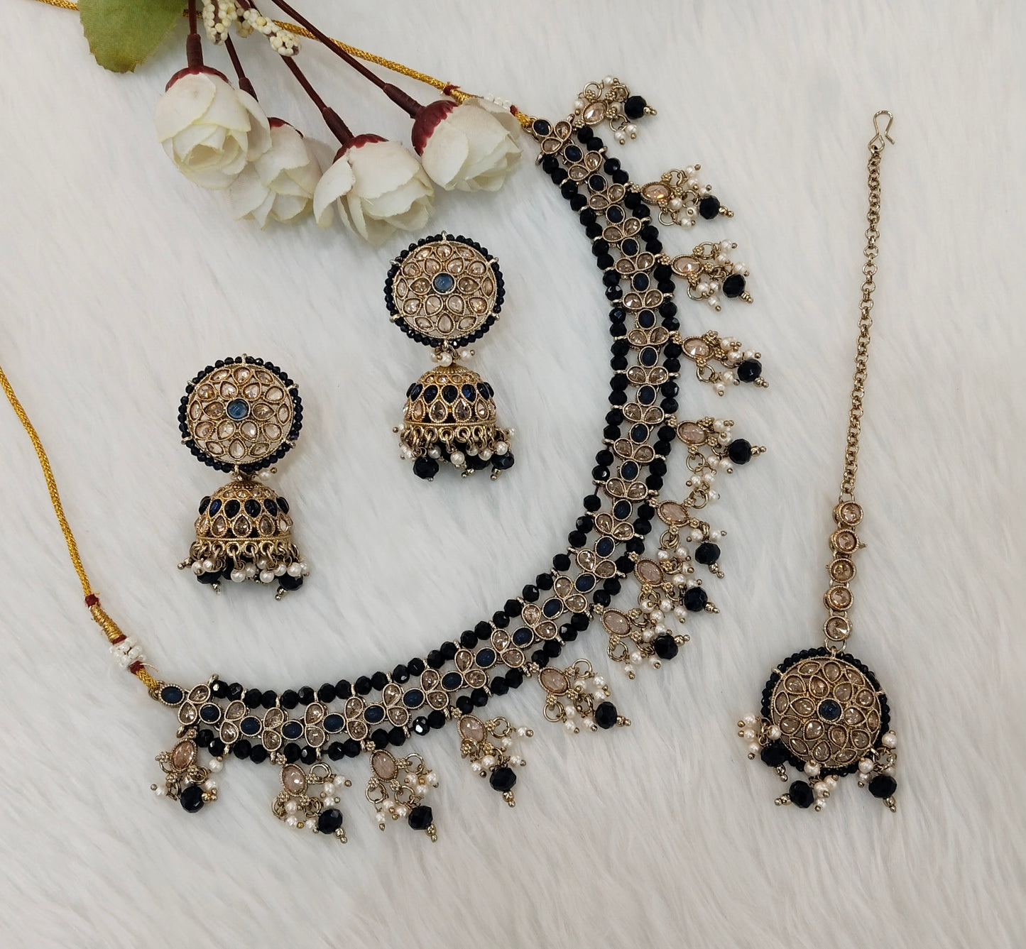 Blue Antique Gold Necklace Indian Jewellery Gurjot Set