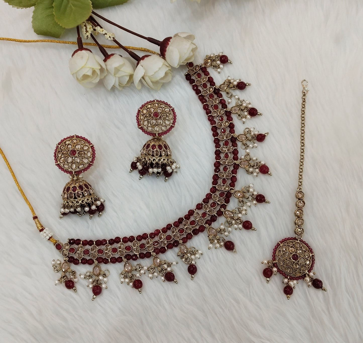 Ruby Antique Gold Necklace Indian Jewellery Gurjot Set