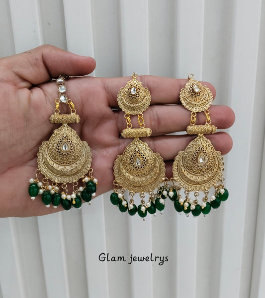 Green Gold Polki Punjabi Style Indian Earrings and Tikka