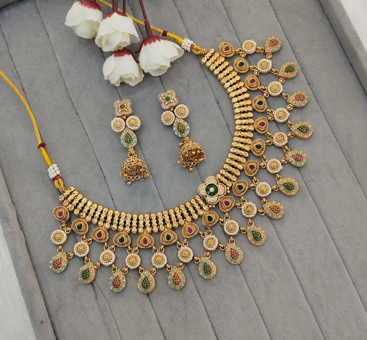 Ruby Green Gold Polki Necklace Indian Jewellery Mulajam Set