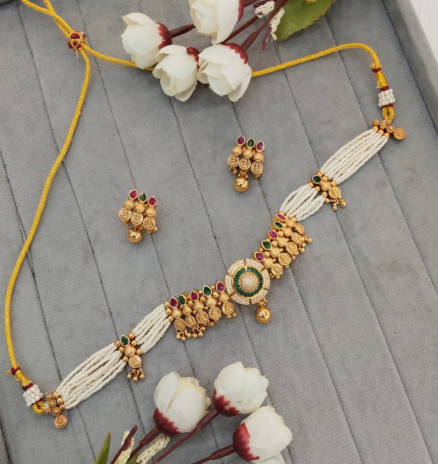 Ruby Green Gold Polki Choker Indian Jewellery Kishu Set