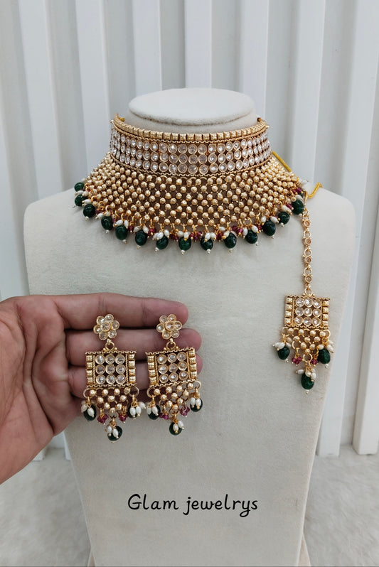 Green Gold Polki Choker Indian Jewellery Kishu Set