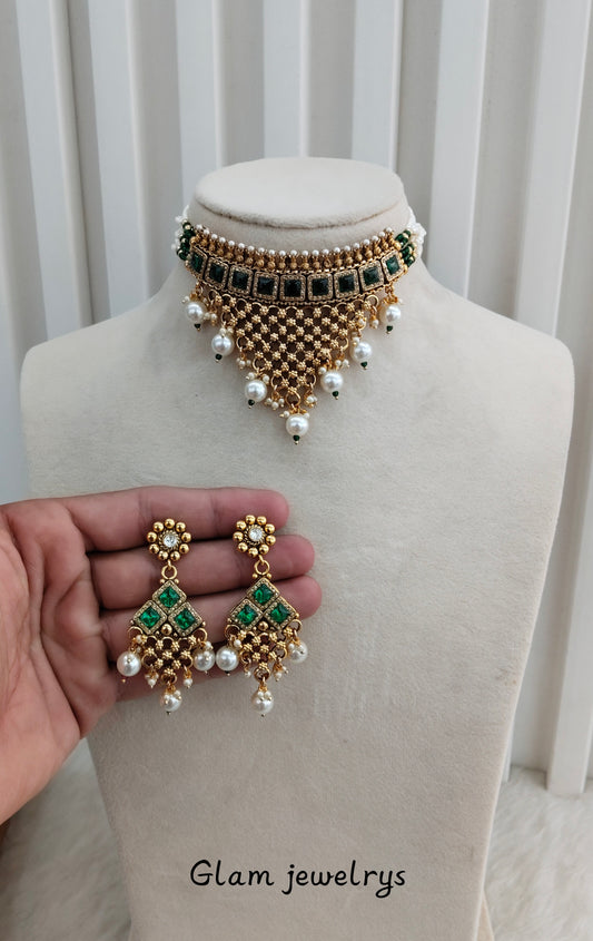 Green Gold Polki Choker Indian Jewellery Gurleen Set
