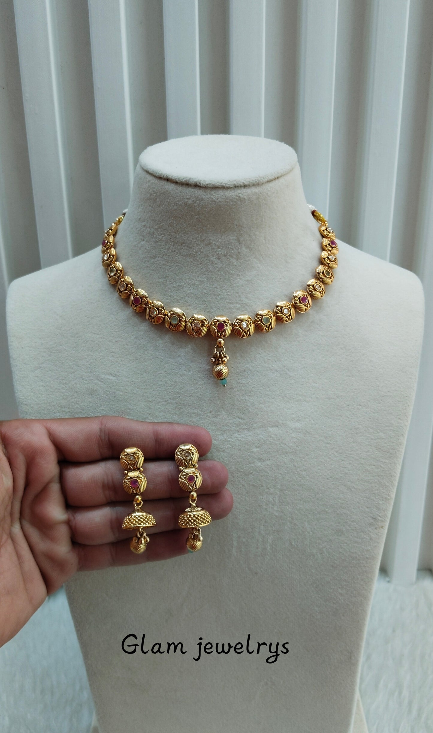 Ruby Sea Green Gold Polki Necklace Indian Jewellery Pawan Set