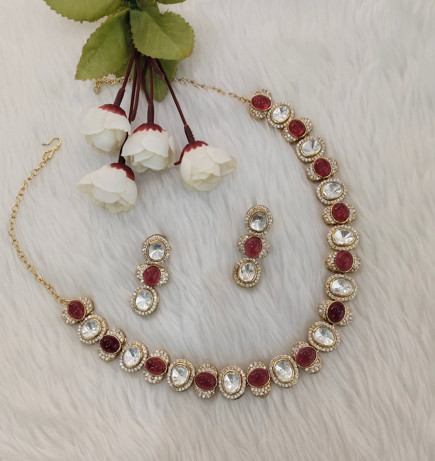 Ruby Gold Moissanite Kundan Necklace Indian Jewellery Sonalika Set
