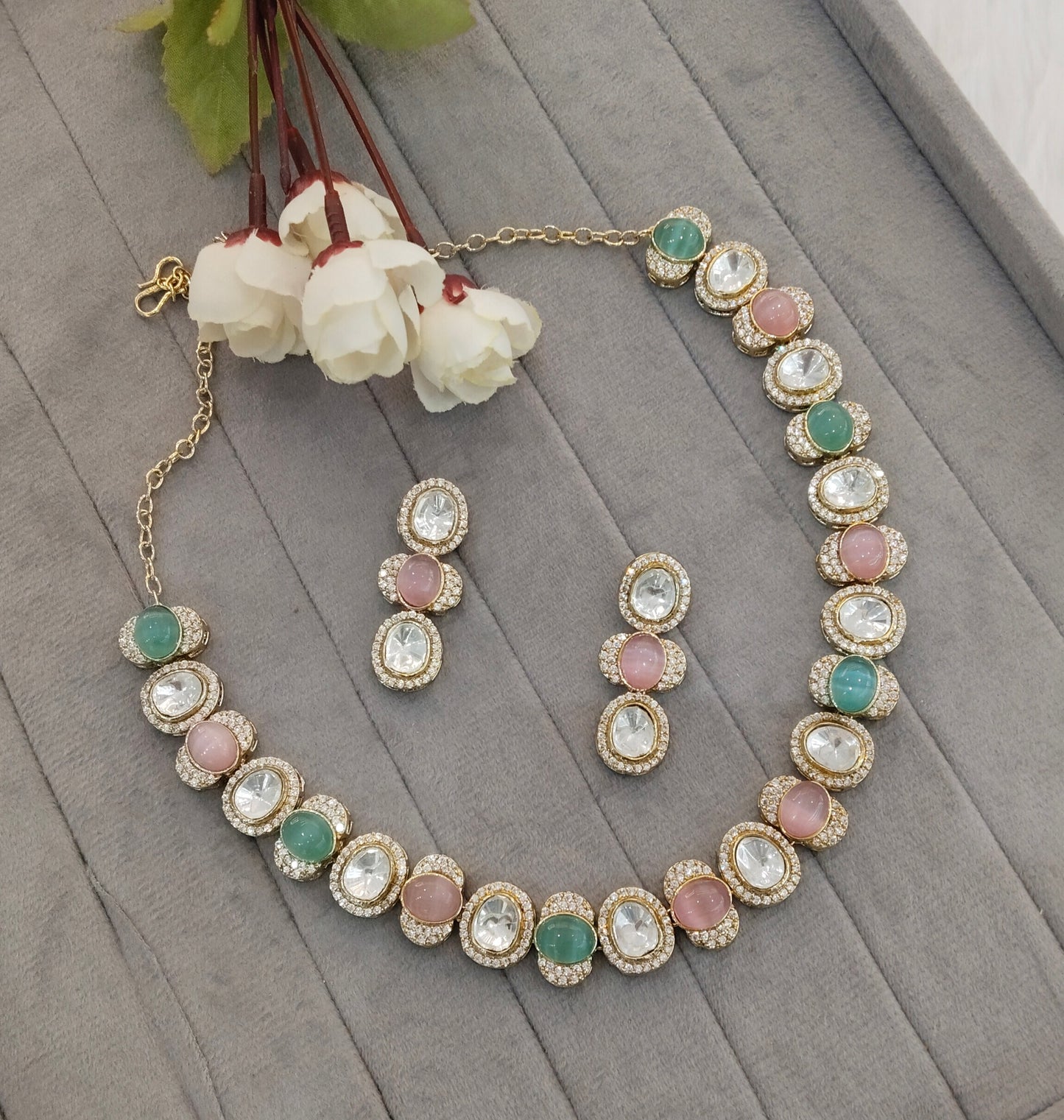 Mint Pink Gold Moissanite Kundan Necklace Indian Jewellery Sonalika Set
