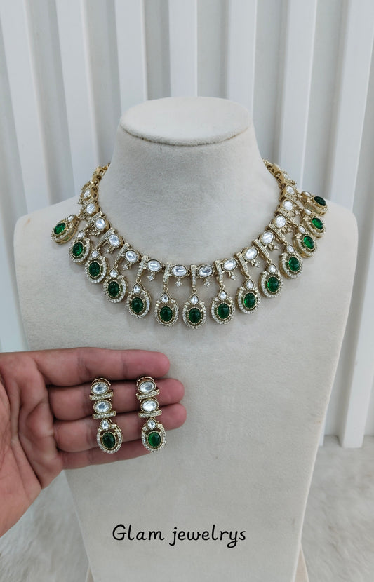Green Gold Moissanite Kundan Necklace Indian Jewellery Sonalika Set