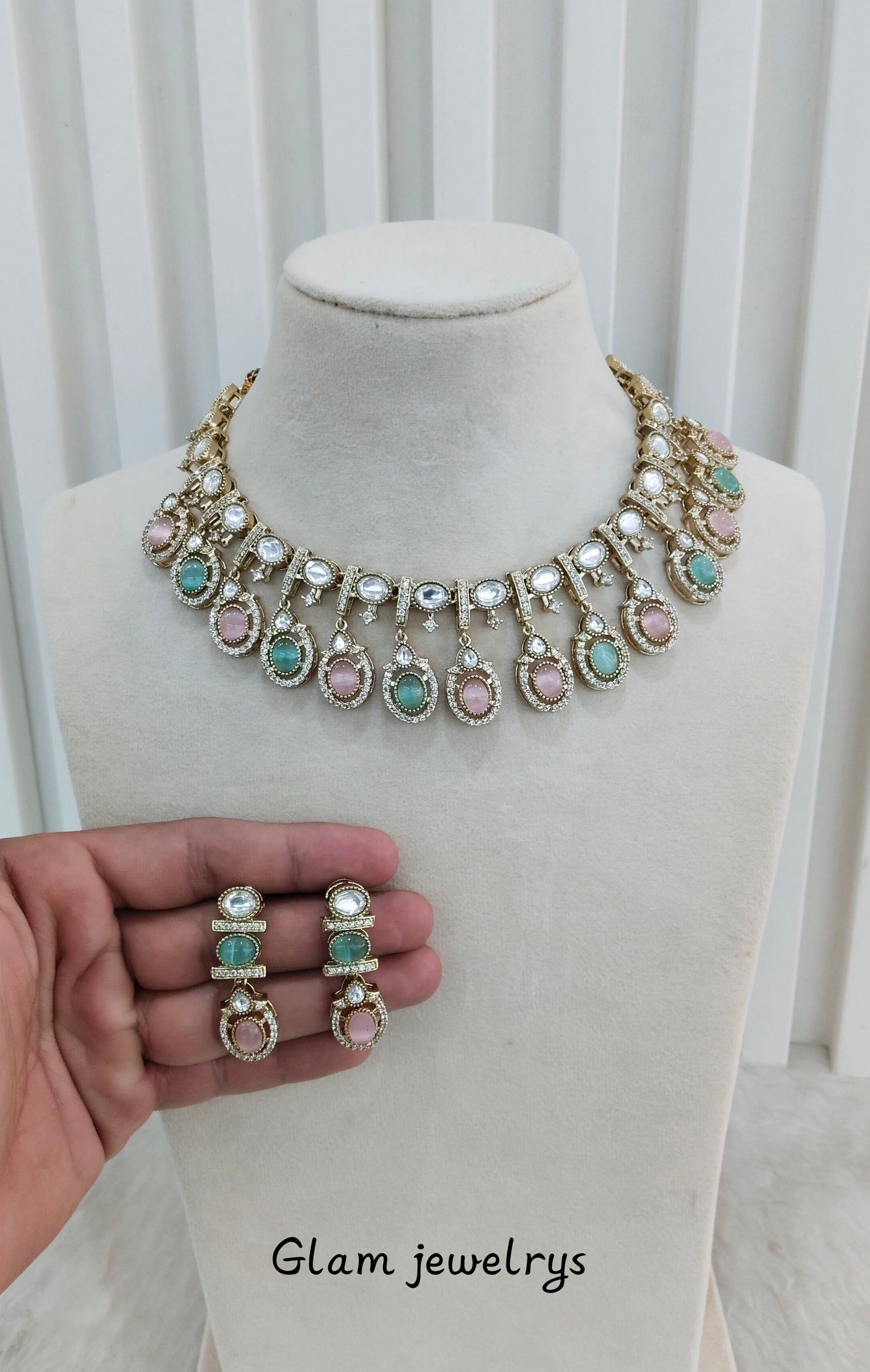 Mint Pink Gold Moissanite Kundan Necklace Indian Jewellery Sonalika Set