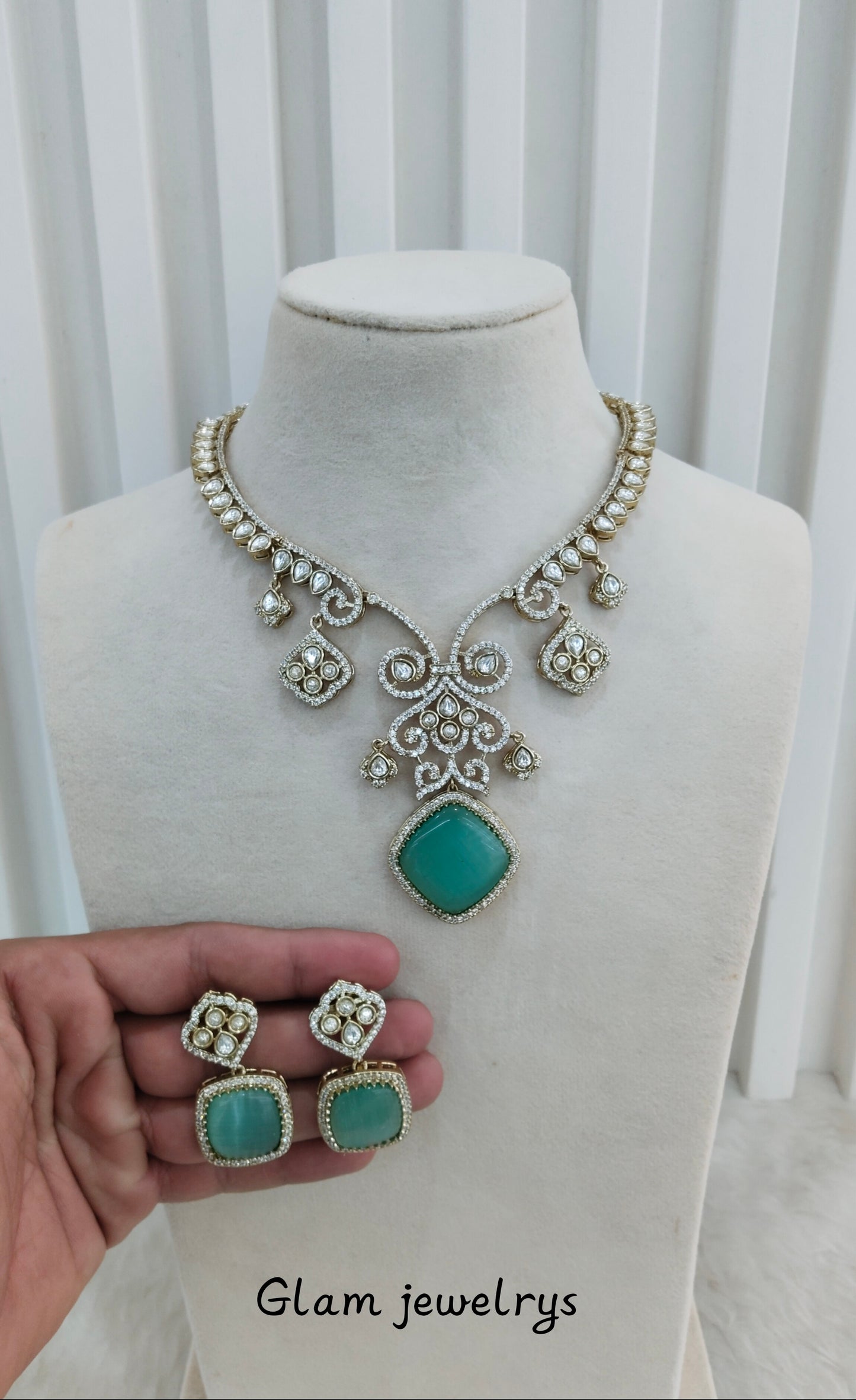 Sage Green Gold Moissanite Kundan Necklace Indian Jewellery Sonalika Set