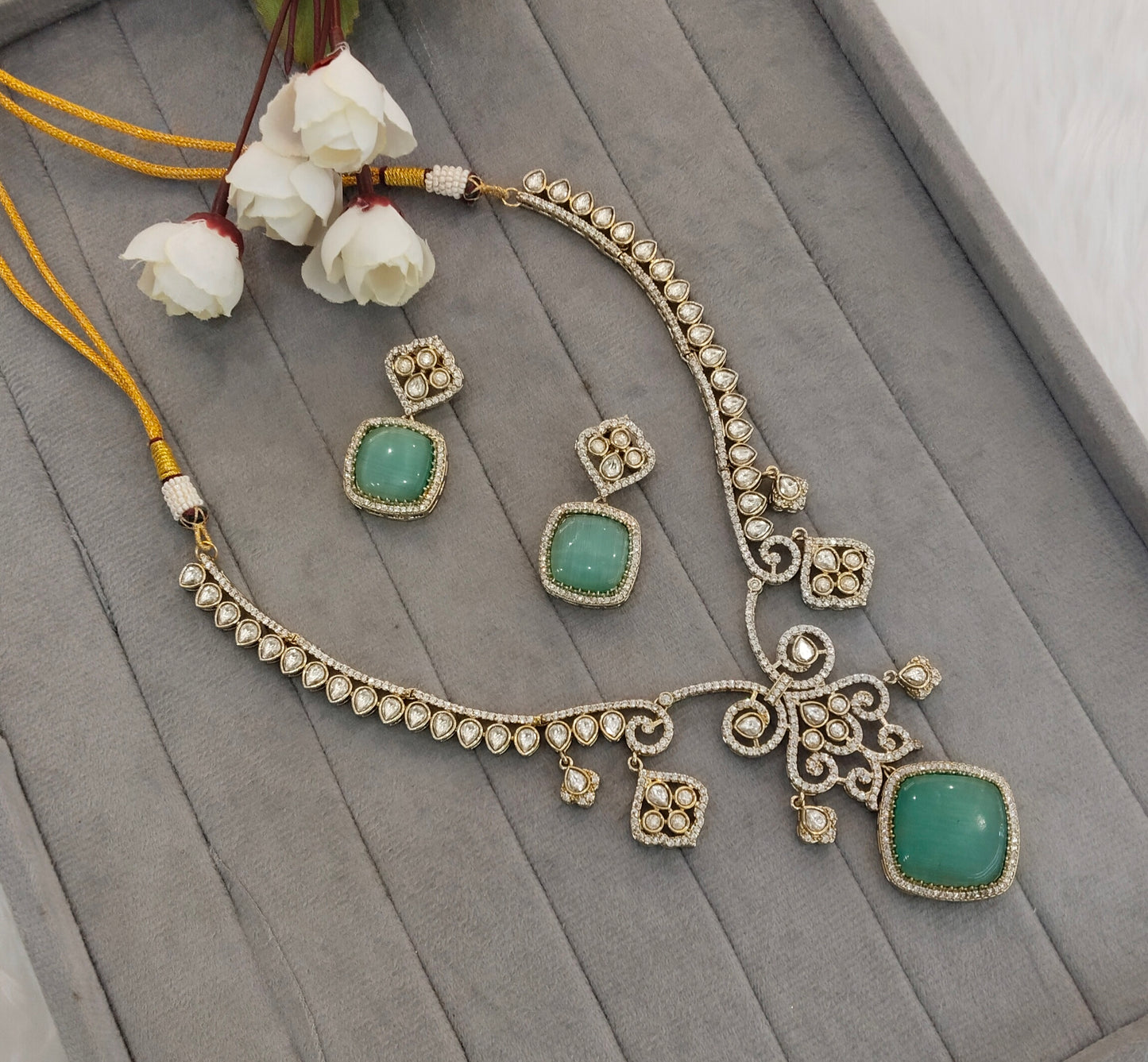 Sage Green Gold Moissanite Kundan Necklace Indian Jewellery Sonalika Set