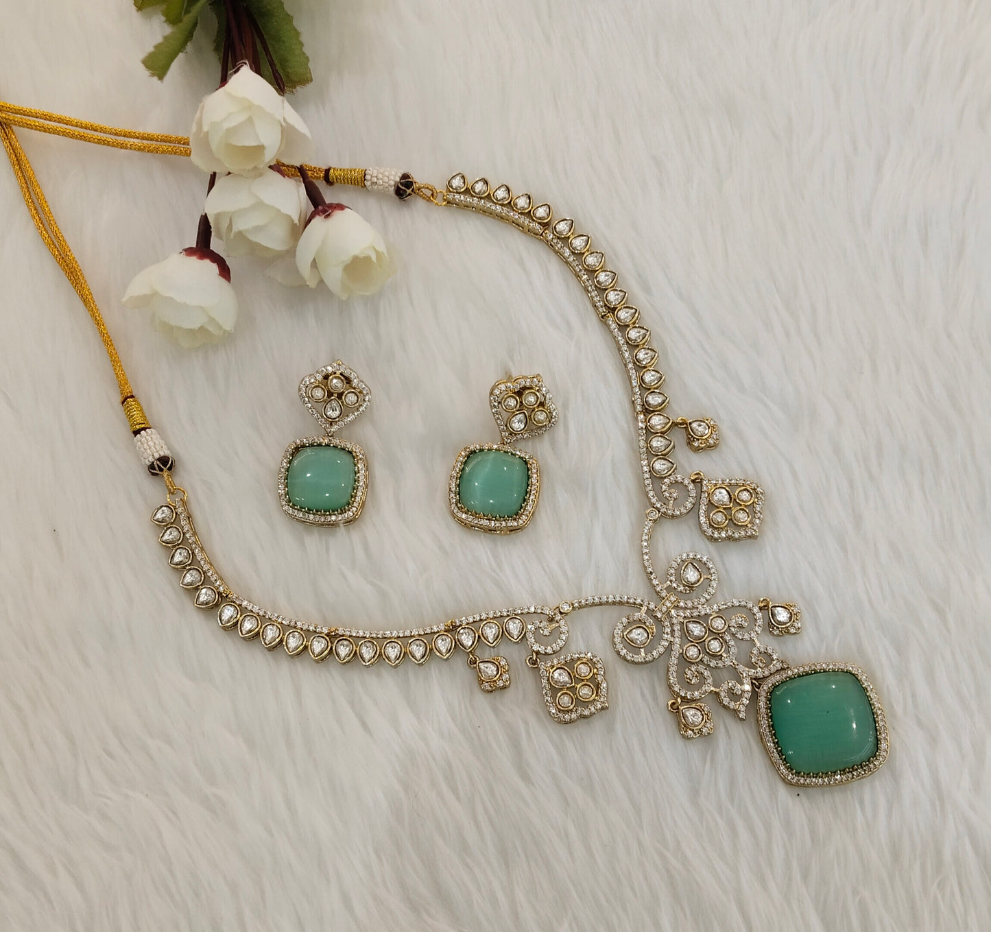 Sage Green Gold Moissanite Kundan Necklace Indian Jewellery Sonalika Set