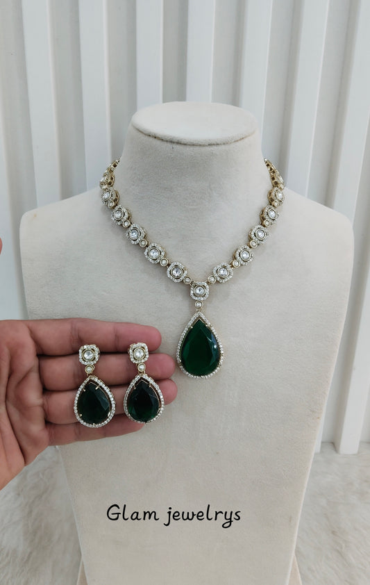 Green Gold Moissanite Kundan Necklace Indian Jewellery Sonalika Set