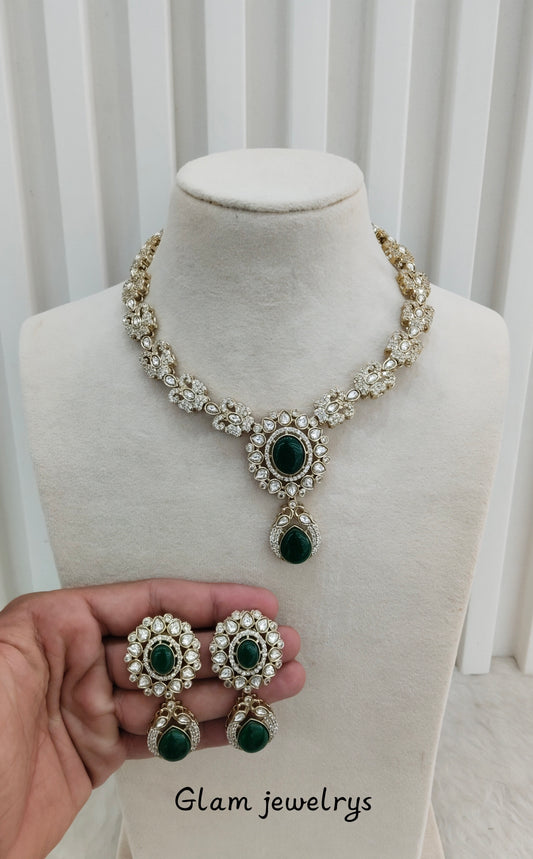 Green Gold Moissanite Kundan Necklace Indian Jewellery Sonalika Set