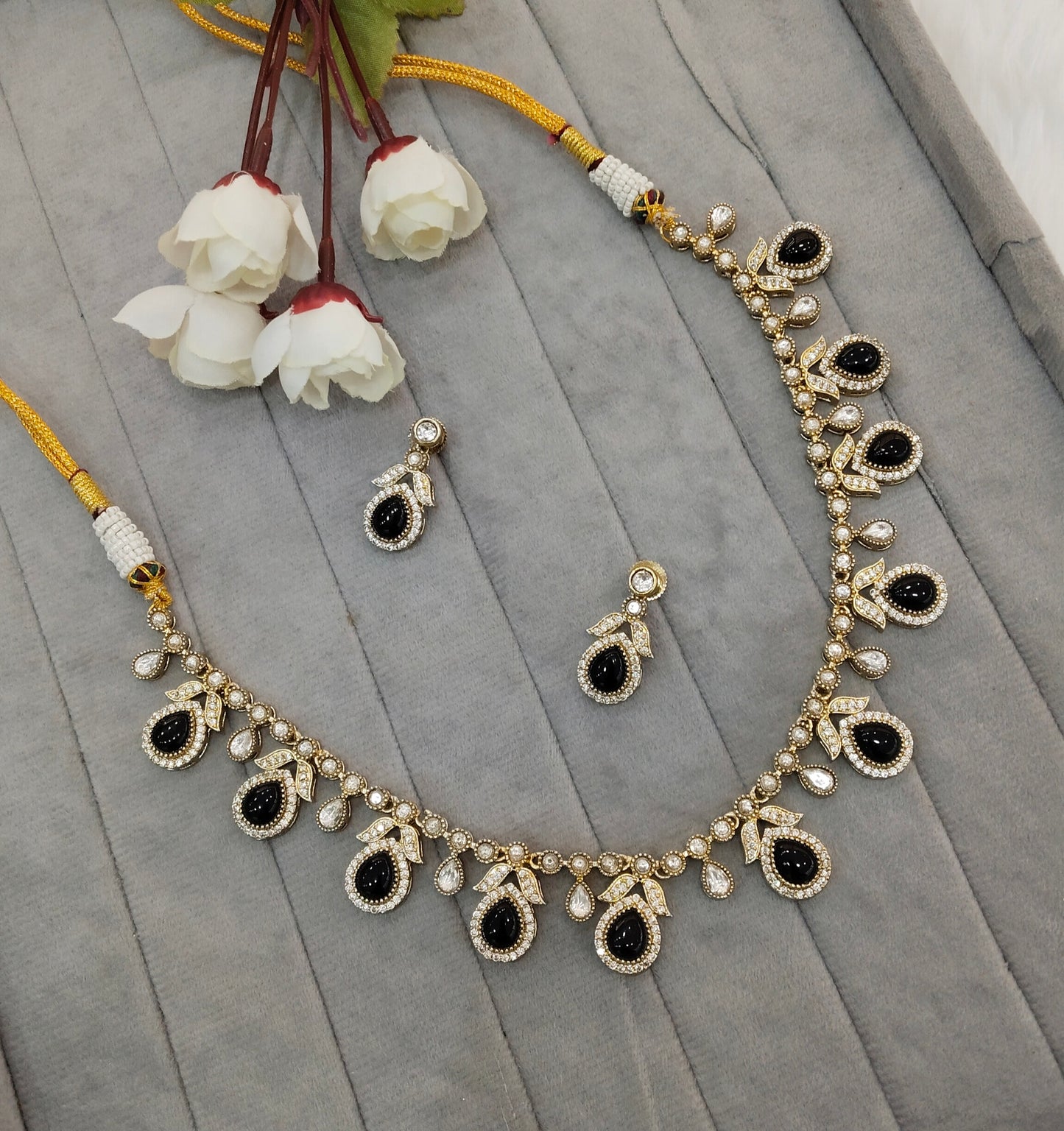 Black Gold Moissanite Kundan Necklace Indian Jewellery Barkat Set