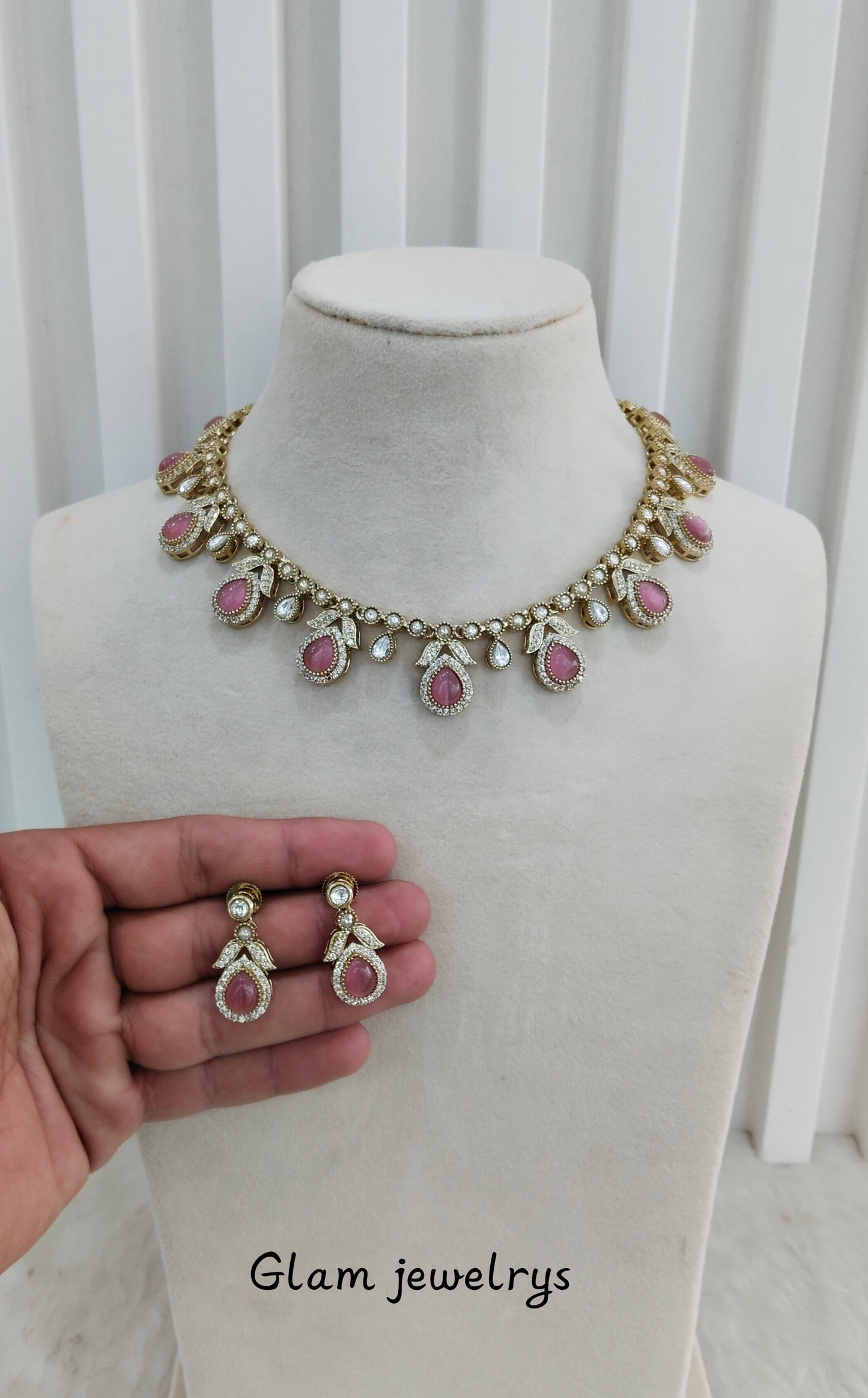 Pink Gold Moissanite Kundan Necklace Indian Jewellery Barkat Set