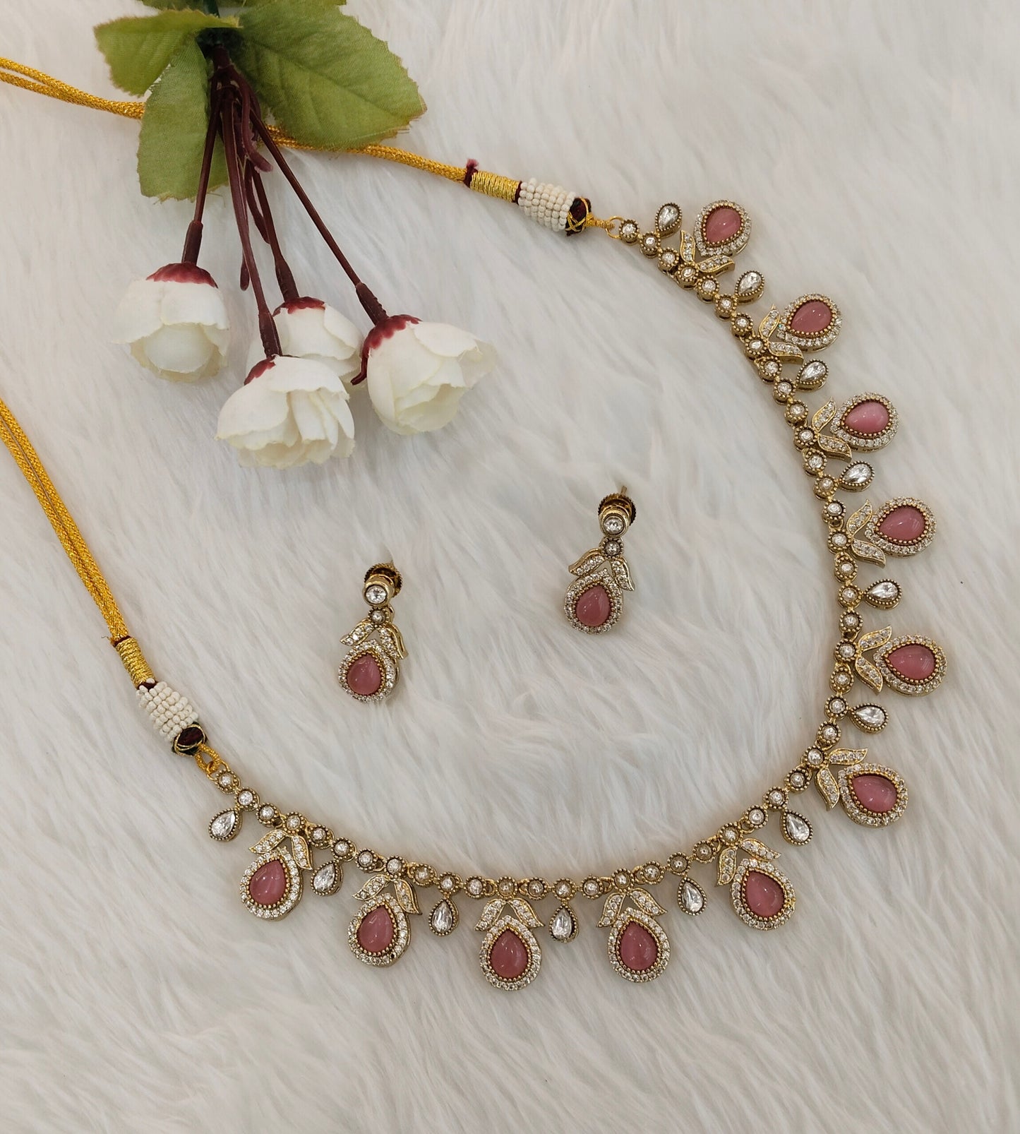 Pink Gold Moissanite Kundan Necklace Indian Jewellery Barkat Set