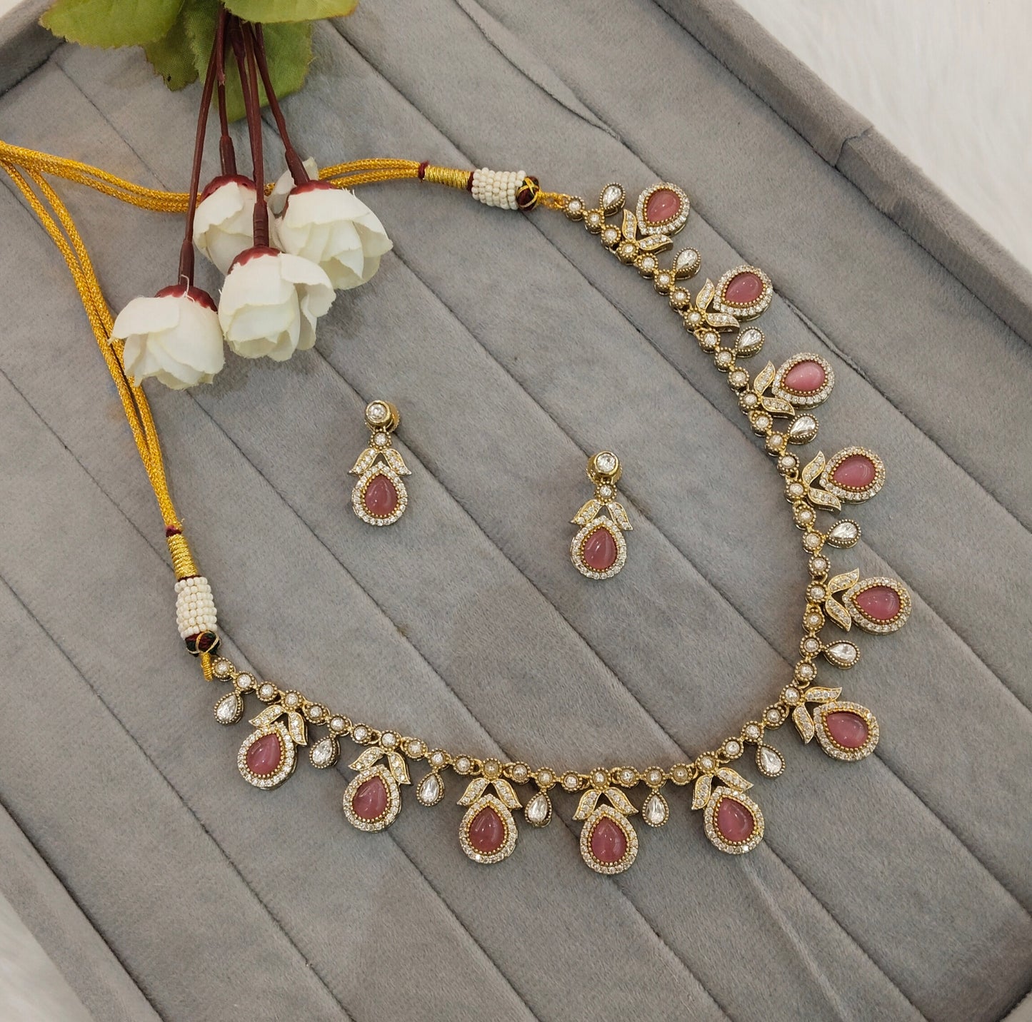 Pink Gold Moissanite Kundan Necklace Indian Jewellery Barkat Set
