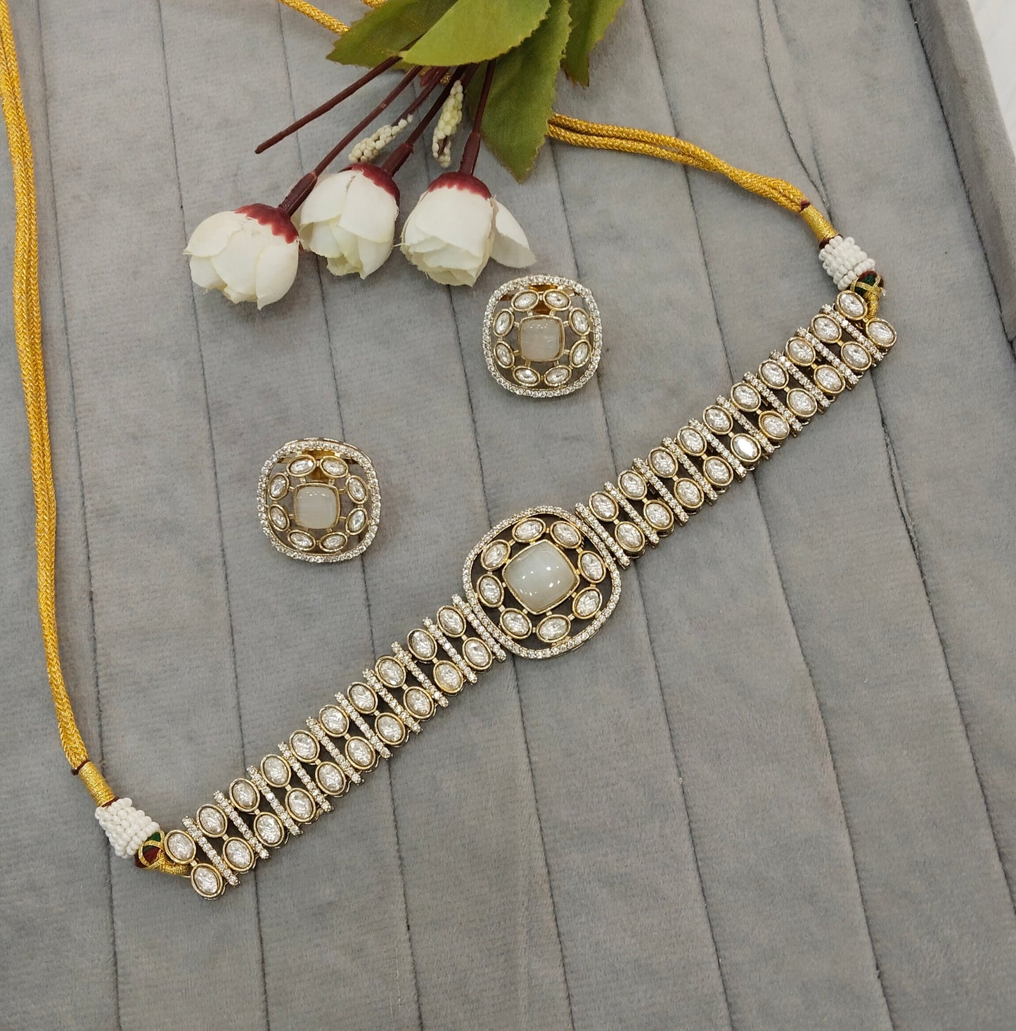 White Moissanite Kundan Choker Indian Jewellery Farmtrack Set
