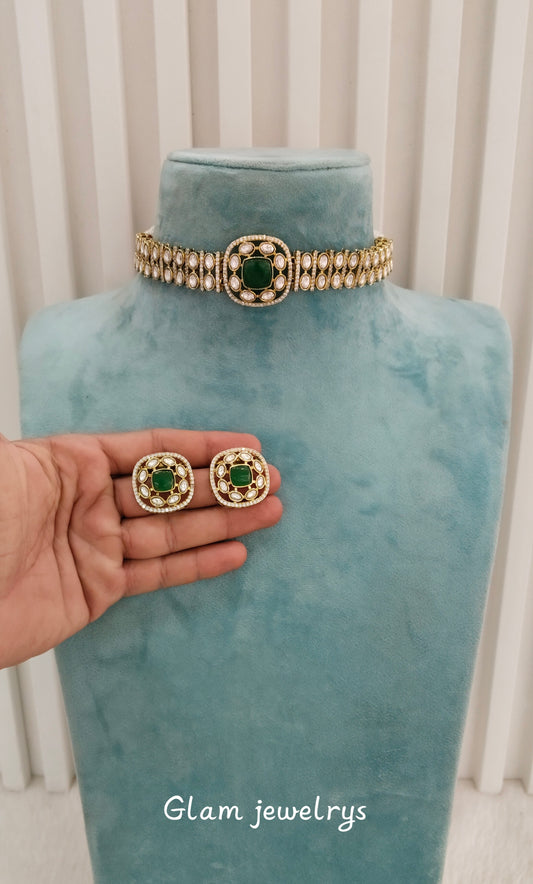 Green Moissanite Kundan Choker Indian Jewellery Farmtrack Set