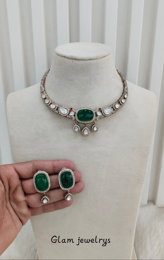 Green Gold Moissanite Kundan Necklace indian Jewellery Indofarm Set