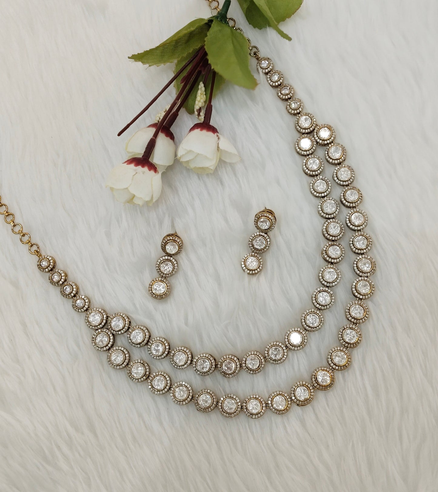 White Gold Moissanite Kundan Necklace Indian Jewellery Indofarm Set