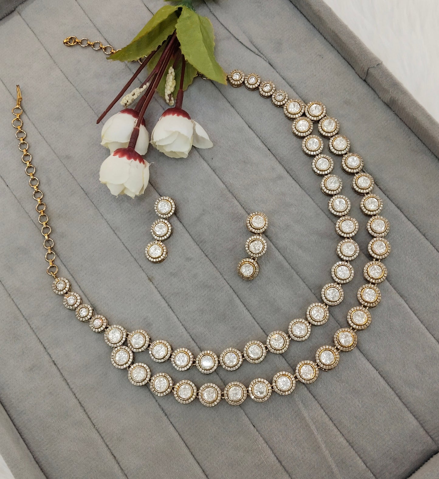White Gold Moissanite Kundan Necklace Indian Jewellery Indofarm Set