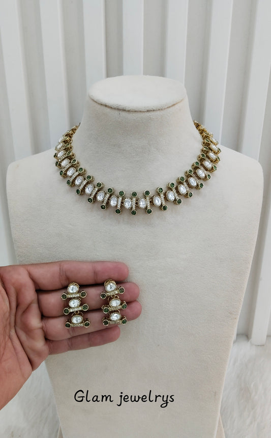 Green Gold Moissanite Kundan Necklace Indian Jewellery Massy Set