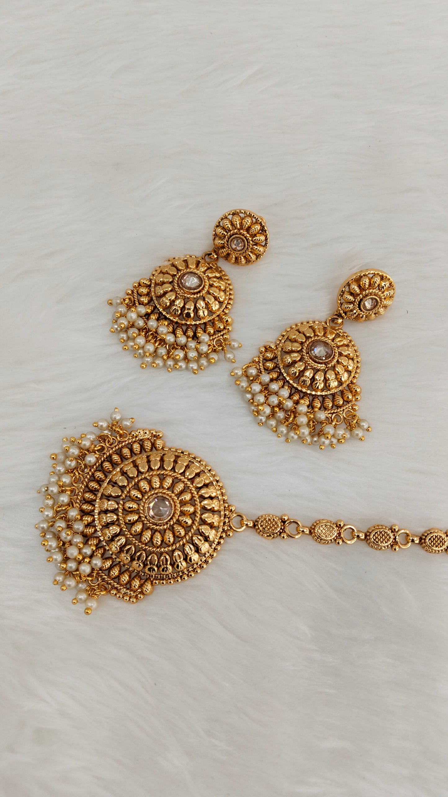 White Gold Polki Punjabi Style Earrings and Tikka