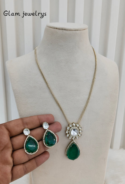 Green Gold Moissanite Kundan Necklace Indian Jewellery Solis Chain Set
