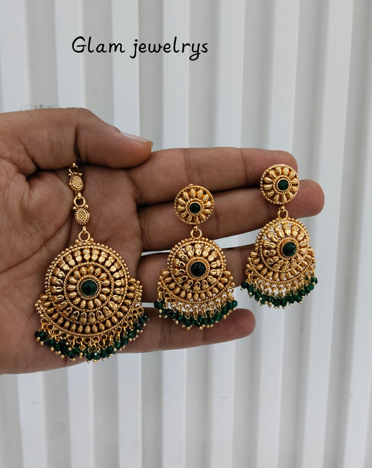 Green Gold Polki Punjabi Style Earrings and Tikka