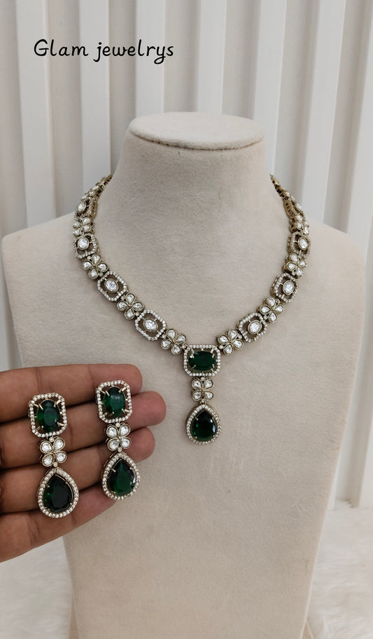 Green Gold Moissanite Kundan Necklace Indian Jewellery Kabota Set