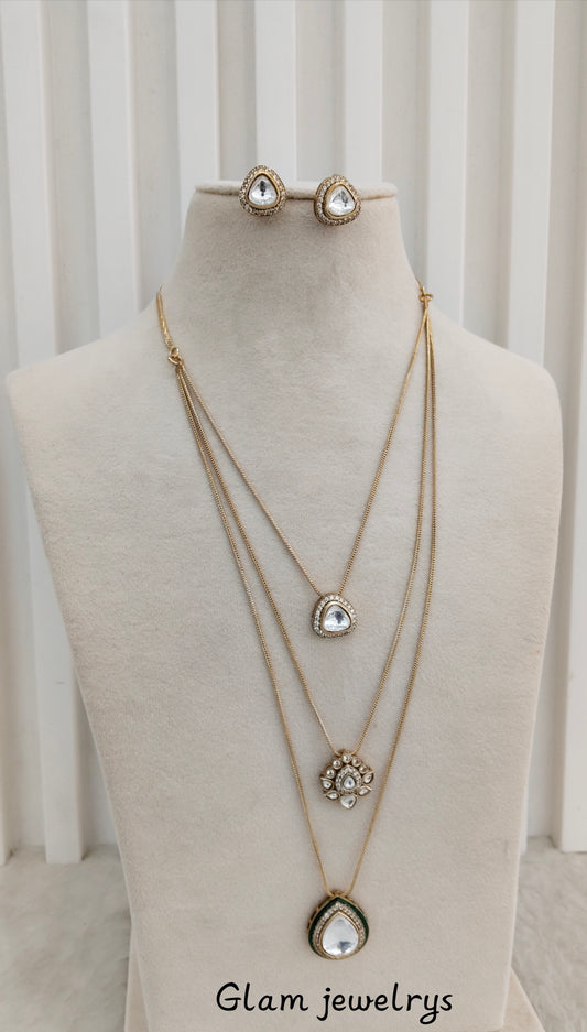 Green Gold Moissanite Kundan Necklace Indian Jewellery Delux Chain Set