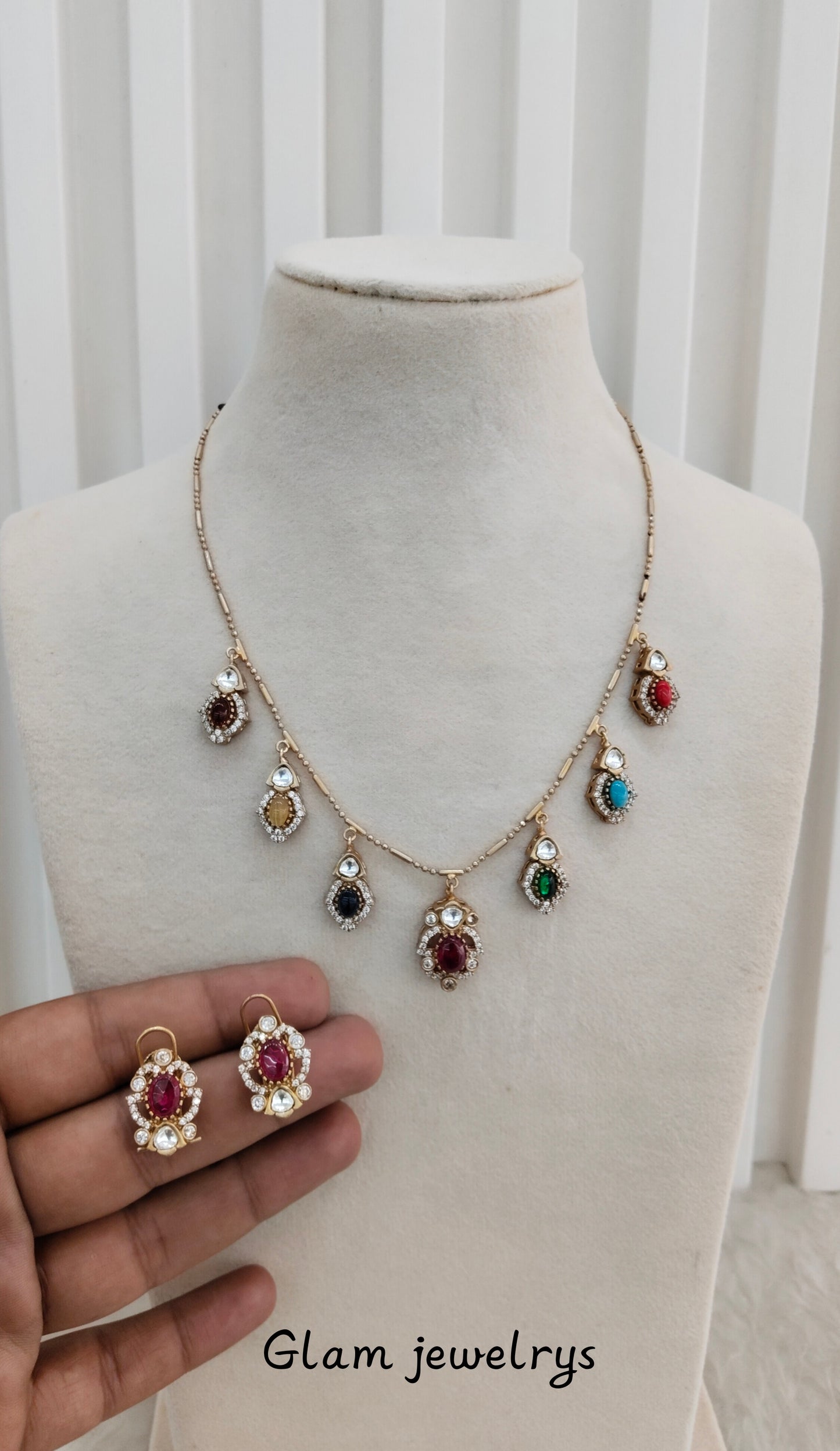 Multi Color Gold Moissanite Kundan Necklace Indian Jewellery Delux Chain Set