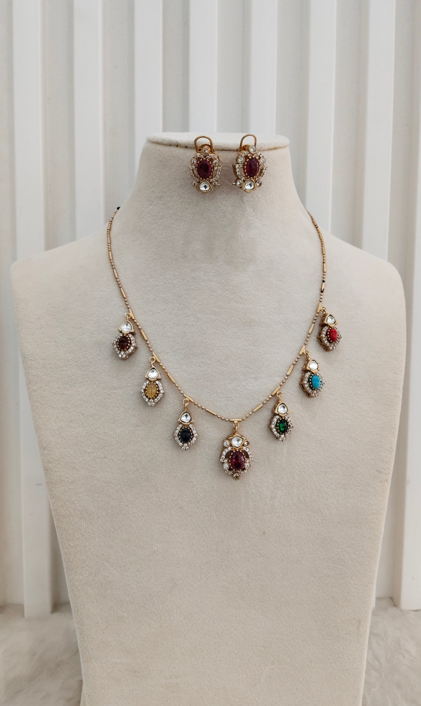 Multi Color Gold Moissanite Kundan Necklace Indian Jewellery Delux Chain Set