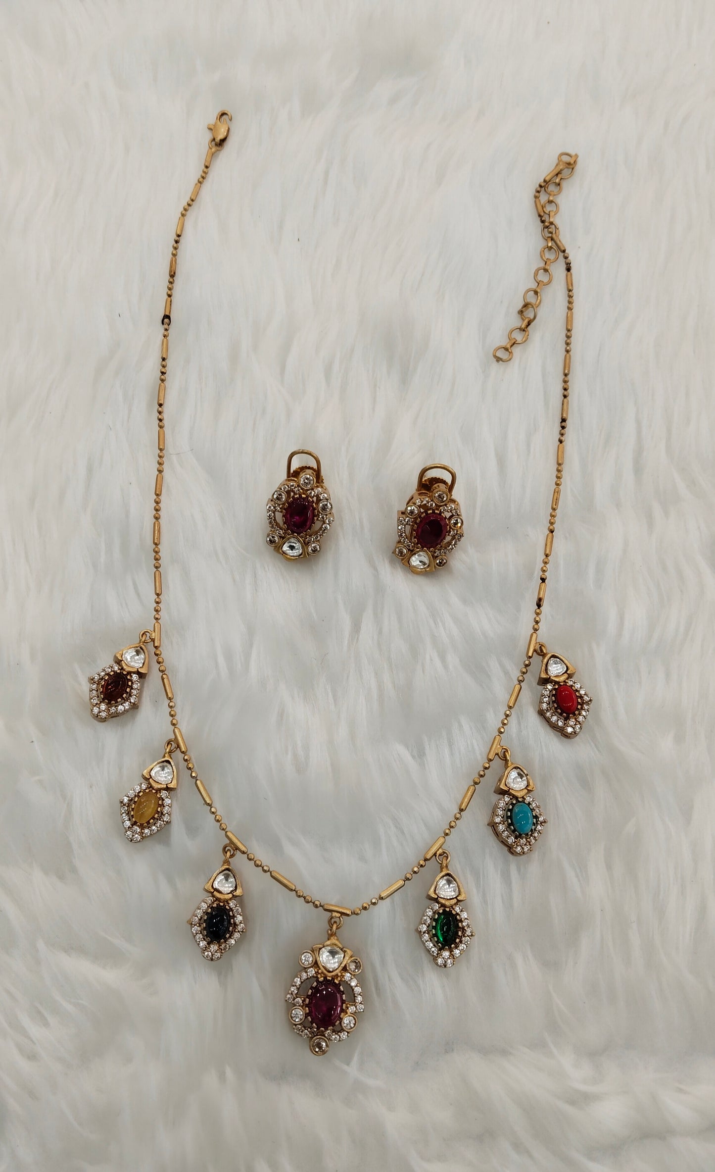 Multi Color Gold Moissanite Kundan Necklace Indian Jewellery Delux Chain Set
