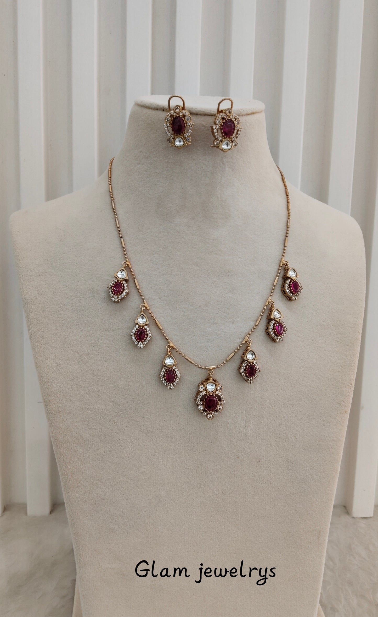 Ruby Gold Moissanite Kundan Necklace Indian Jewellery Delux Chain Set