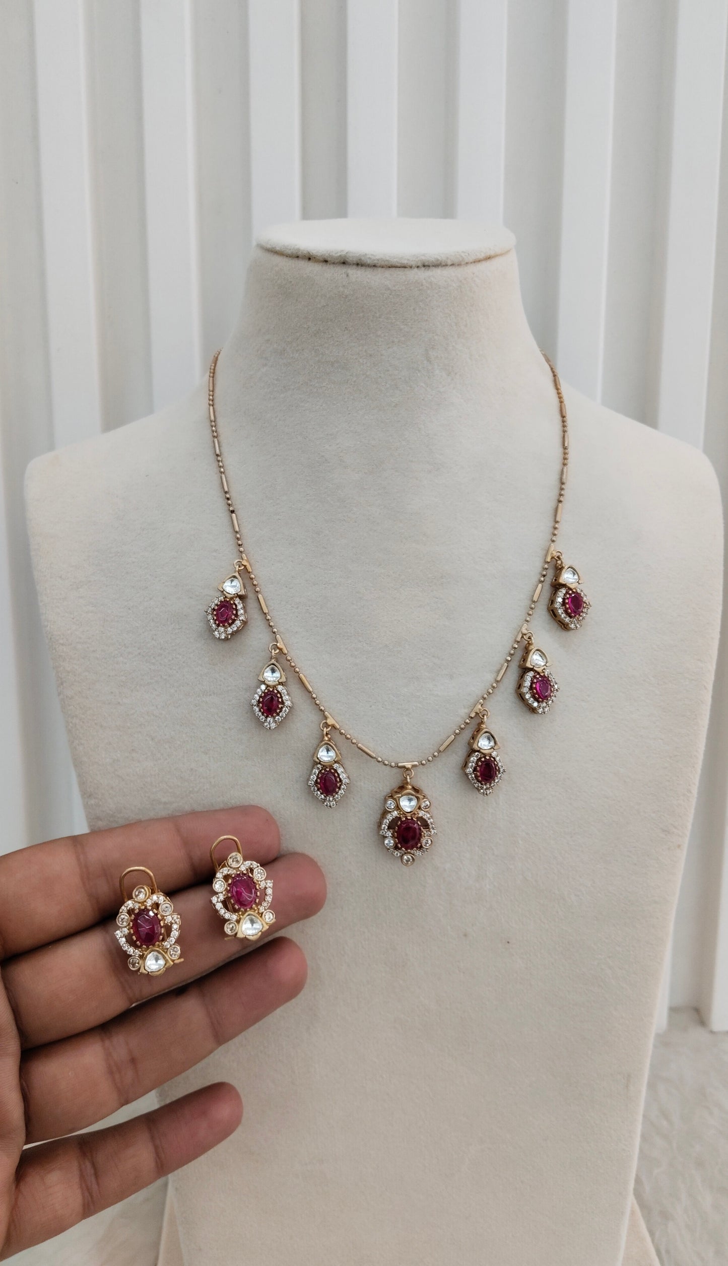 Ruby Gold Moissanite Kundan Necklace Indian Jewellery Delux Chain Set