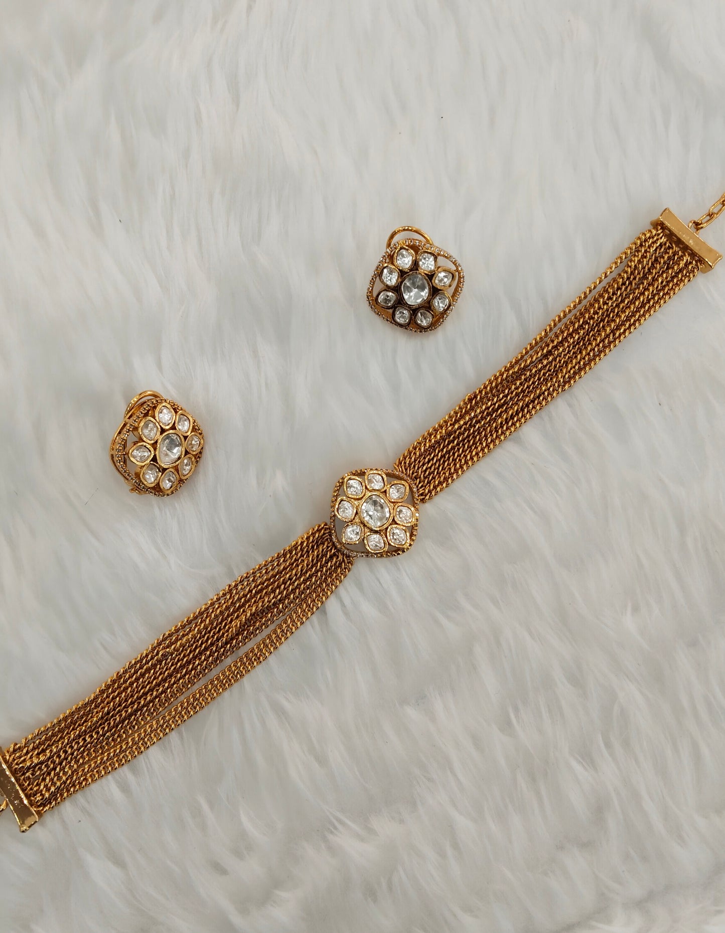 Gold Moissanite Kundan Choker Indian Jewellery Delux Chain Set