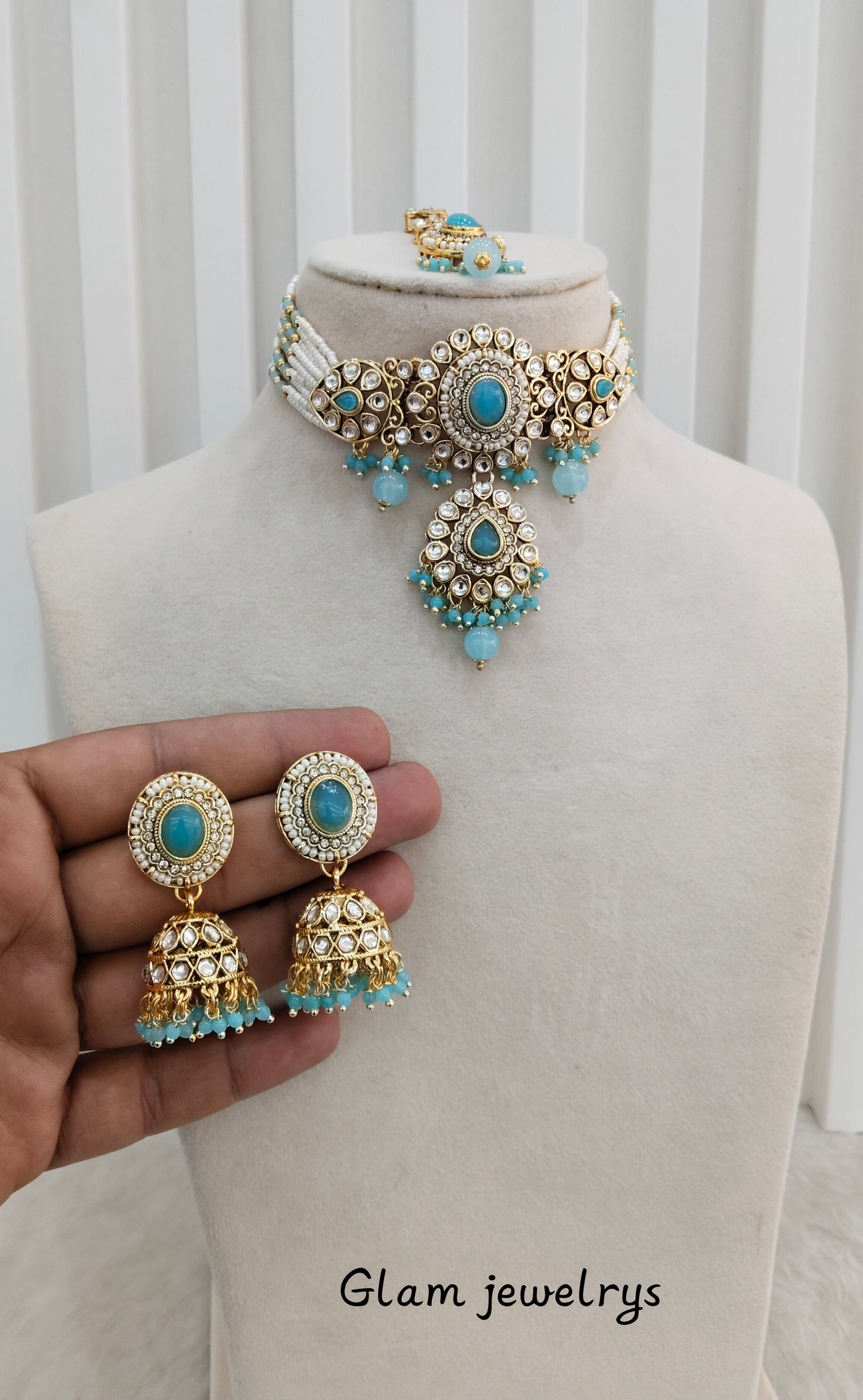 Sky Blue Kundan Choker Jewellery Firoh Set