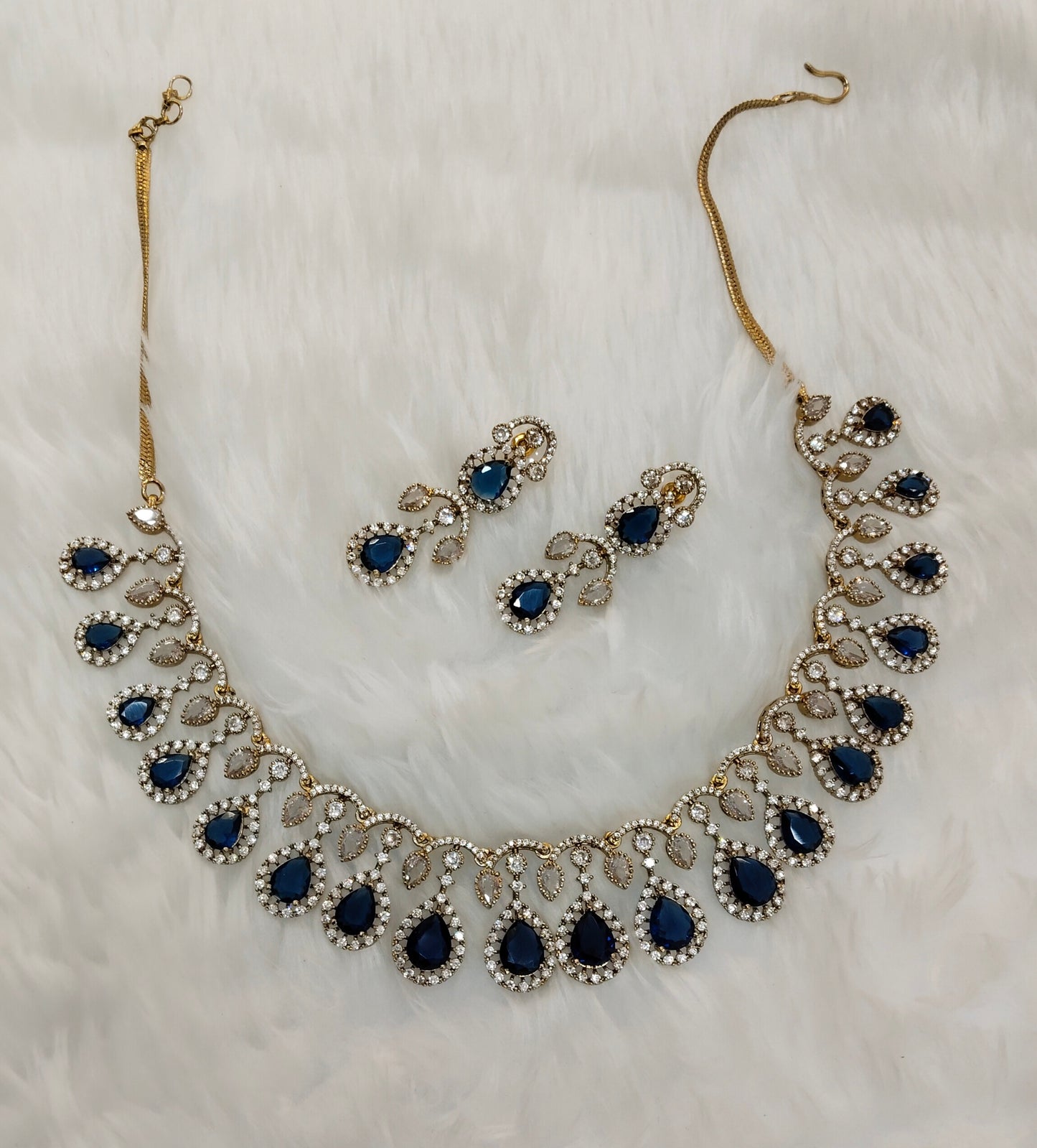 Blue Antique Gold CZ Necklace Indian Jewellery Honda Set