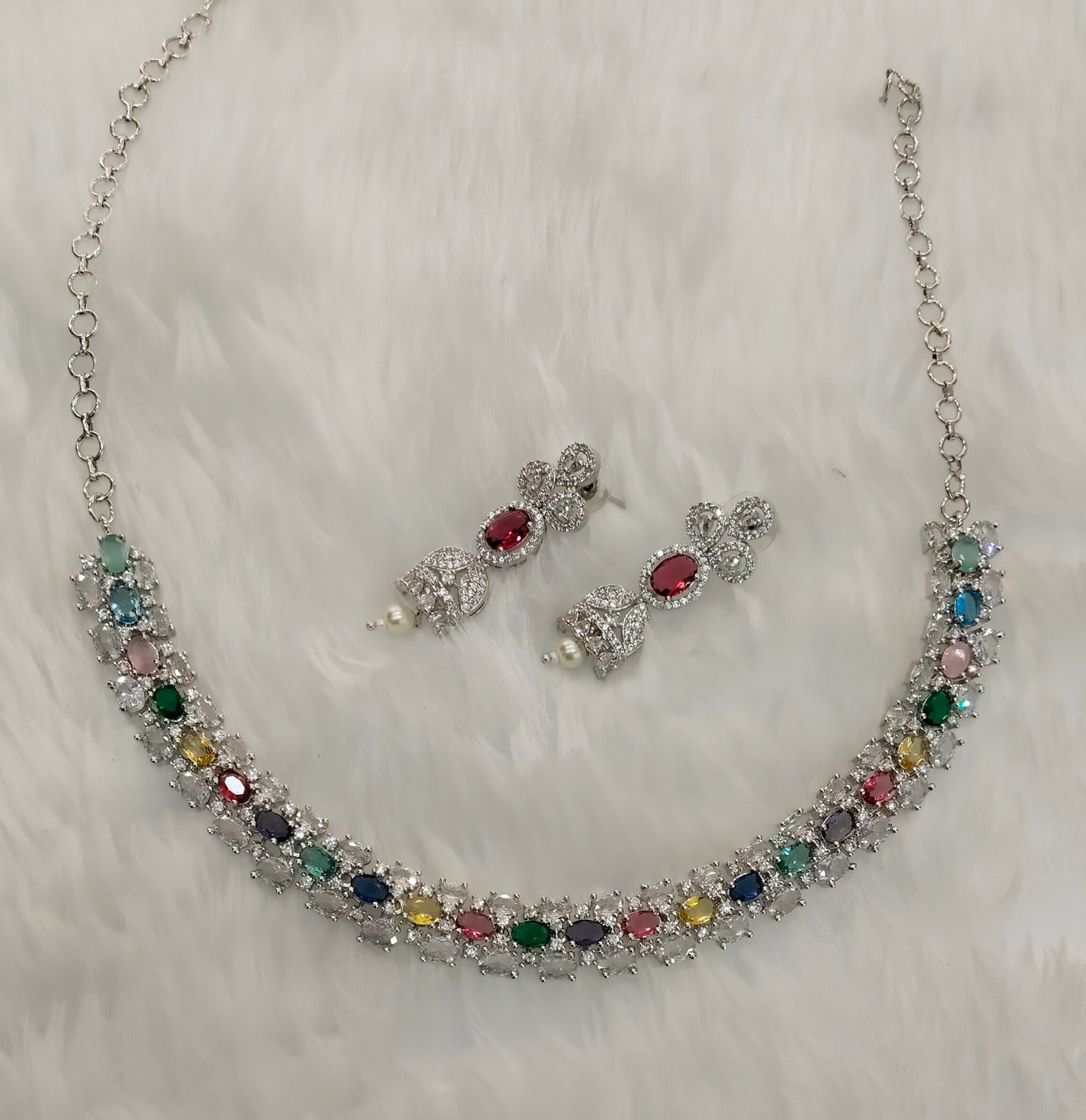 Multi Color Silver CZ Necklace Indian Jewellery Honda Set