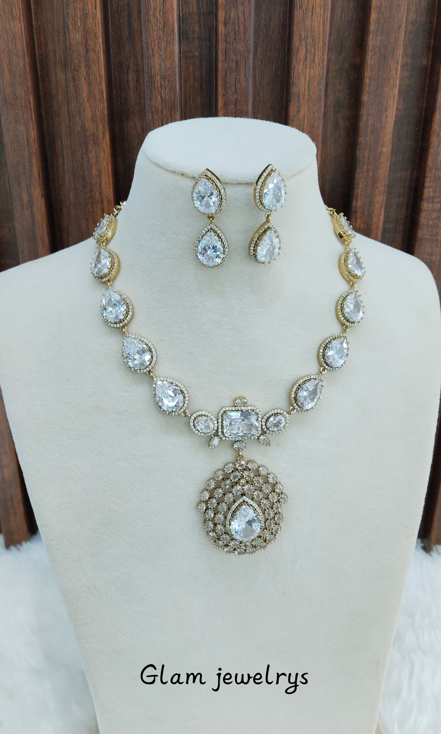 White Antique Gold CZ Necklace Indian Jewellery Bajaj Set