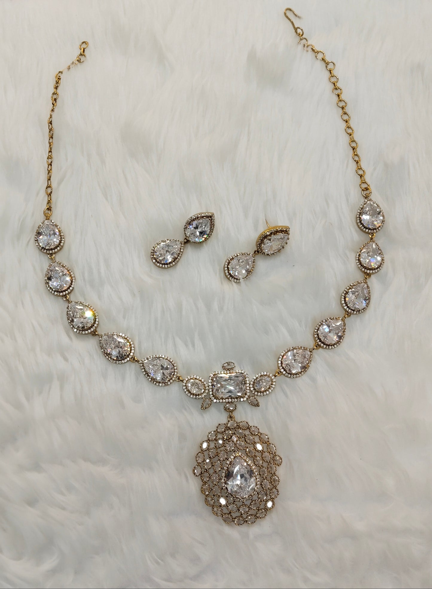 White Antique Gold CZ Necklace Indian Jewellery Bajaj Set