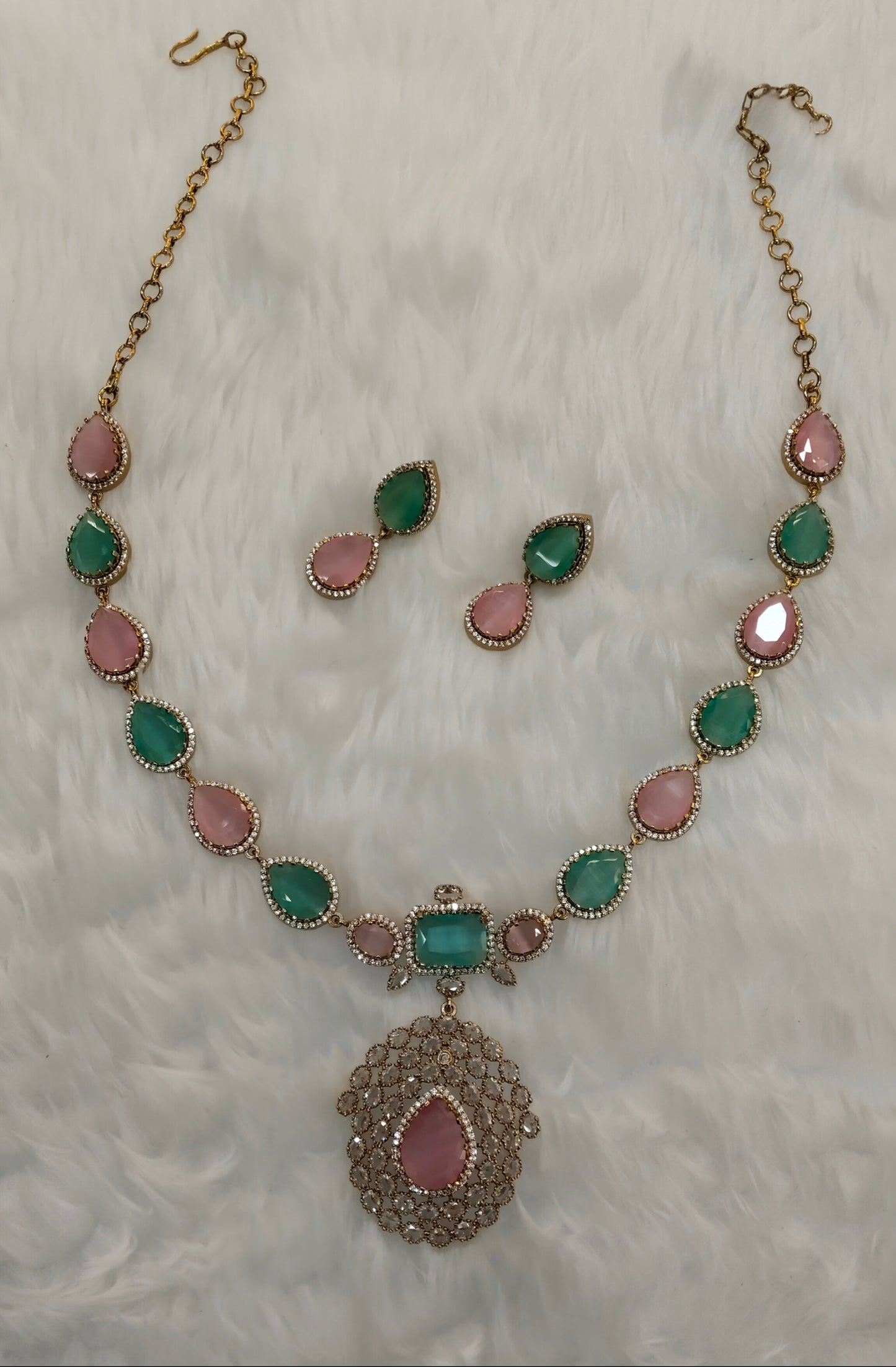 Mint Pink Antique Gold CZ Necklace Indian Jewellery Bajaj Set