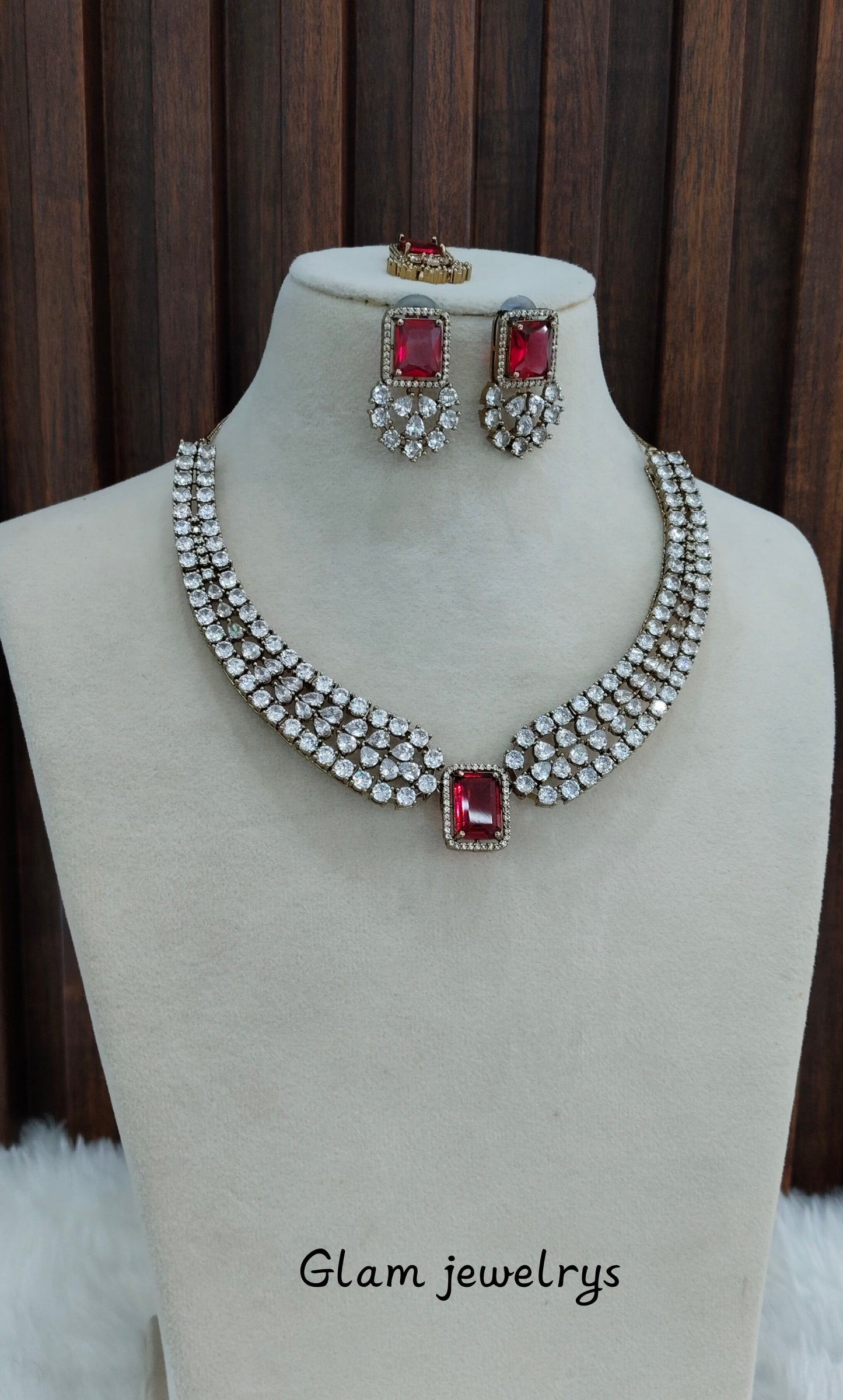 Ruby Antique Gold CZ Necklace Indian Jewellery Tvs Set