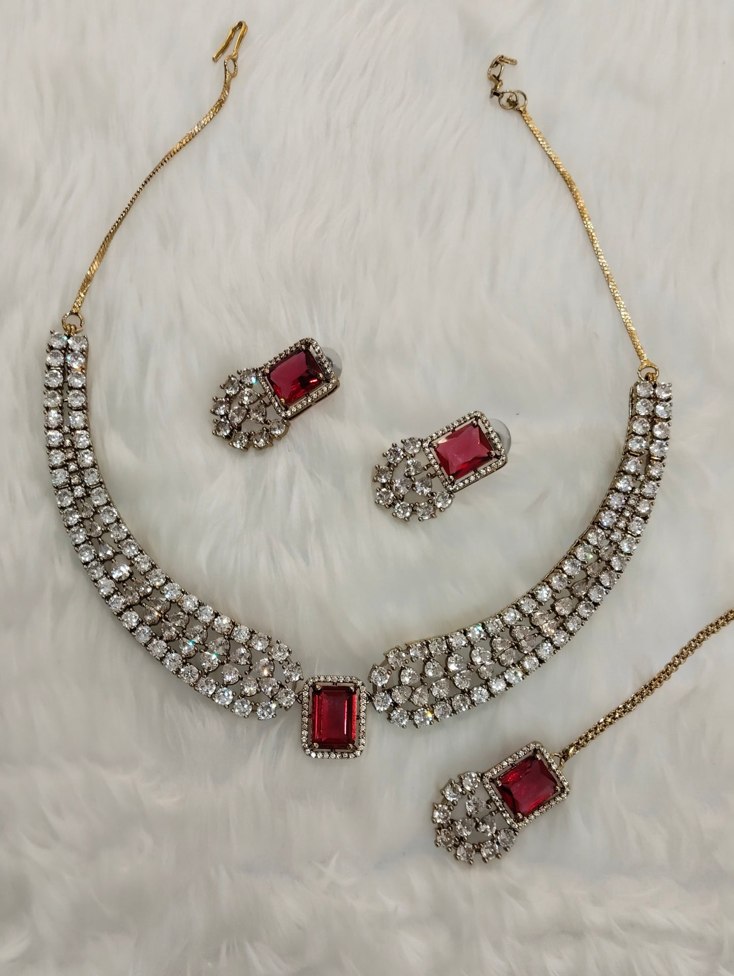 Ruby Antique Gold CZ Necklace Indian Jewellery Tvs Set
