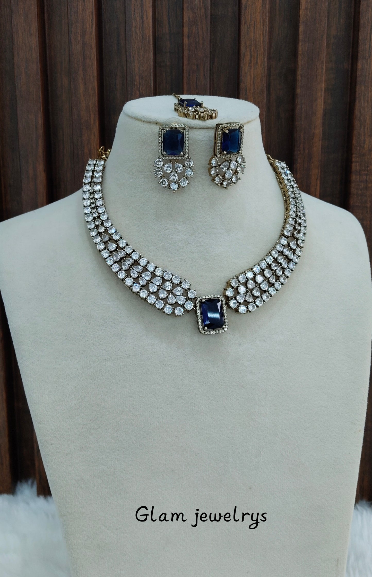 Blue Antique Gold CZ Necklace Indian Jewellery Tvs Set