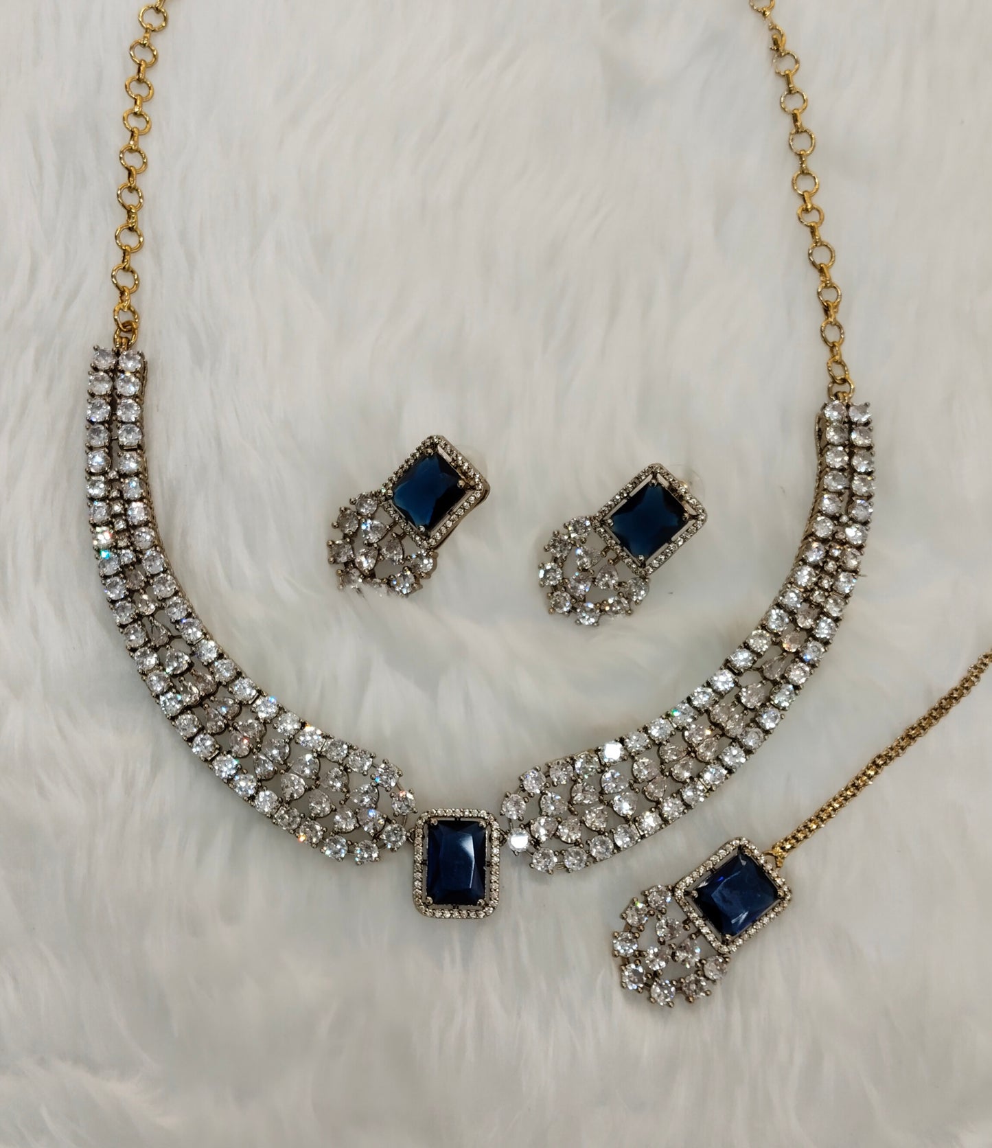Blue Antique Gold CZ Necklace Indian Jewellery Tvs Set