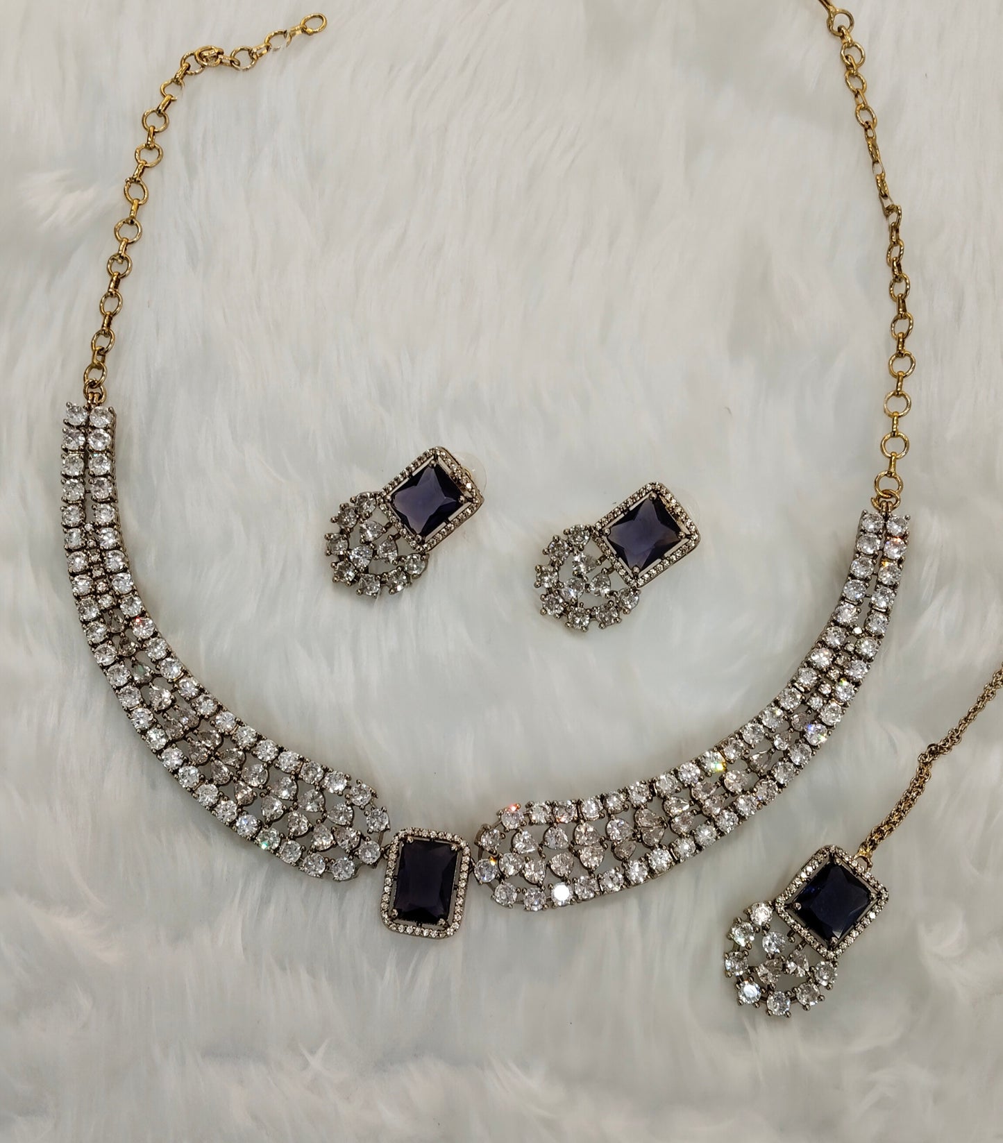 Purple Antique Gold CZ Necklace Indian Jewellery Tvs Set
